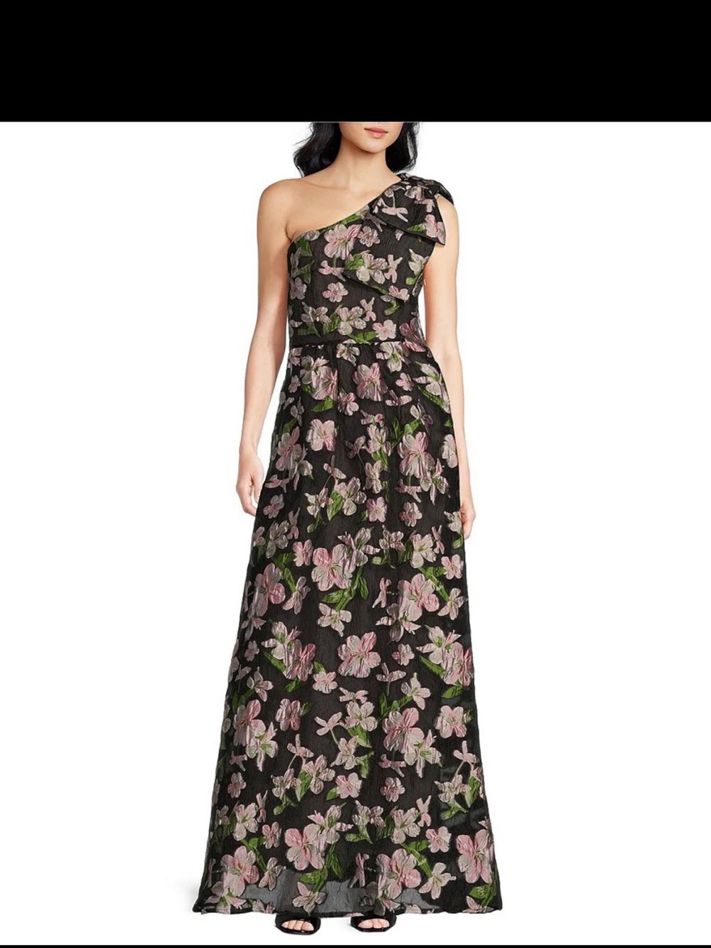 One-Shoulder Black Floral Maxi Dress with Pink Blossoms